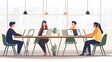 Coworking space with people sitting at the table. Male and female freelancers sitting at computers. Business team working together at the big desk using laptops. Colleagues in office flat vector illus