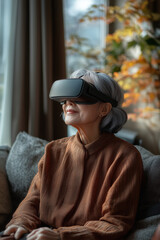 Wall Mural - Asian senior woman uses VR in the living room.