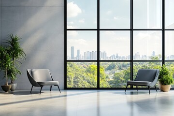 Sleek Modern Waiting Room with Panoramic Window and Minimalist Interior Design