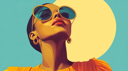 A stylish woman with sunglasses is looking up. The illustration uses modern art techniques.