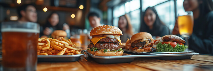 Group of Asian people eating burgers and fast food in a restaurant.