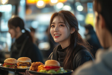 Group of Asian people eating burgers and fast food in a restaurant.