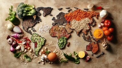 global cuisine diversity map made of food ingredients and vegetables concept illustration