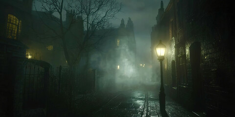 Poster - A dark, foggy street with a street lamp in the middle
