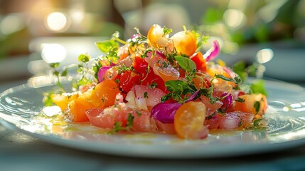 Canvas Print - A colorful salad of tomatoes, herbs, and edible flowers on a white plate.