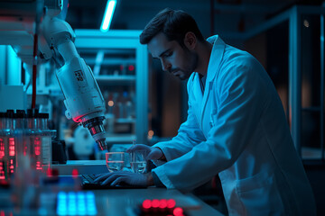 Scientist in white coat working in laboratory, modern laboratory equipment and robotic arm equipment