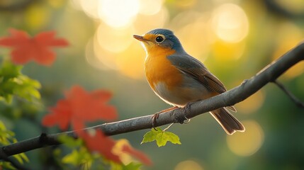 Robin perched on a tree branch, surrounded by lush green and red Acer leaves. Sunlit springtime scene with colorful feathers and peaceful backyard wildlife. Perfect for nature, wildlife