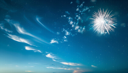 Firework over the blue sky at night, white, and green