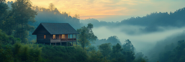 A wooden hut on the mountain in the morning overlooking nature and mist in the valley.