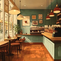 Wall Mural - A cozy coffee shop interior with a counter, tables, chairs, and a window looking out onto a sunny street.