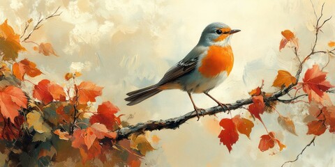 Robin perched on a tree branch, surrounded by lush green and red Acer leaves. Sunlit springtime scene with colorful feathers and peaceful backyard wildlife. Perfect for nature, wildlife