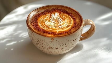 Sticker - A cup of cappuccino with latte art on a white table.