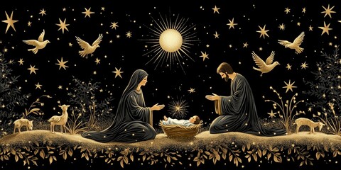 A beautifully illustrated nativity scene featuring Mary and Joseph kneeling in adoration before baby Jesus in a manger, surrounded by glowing golden stars, doves, and animals. 