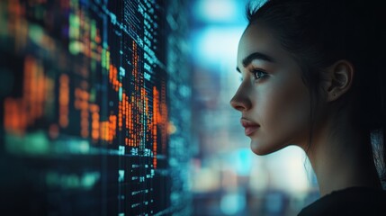 Poster - Programming coding and woma with focus, hologram and trading with cyber security, futuristic and research. Investor and employee with data analysis, server or investment with website info