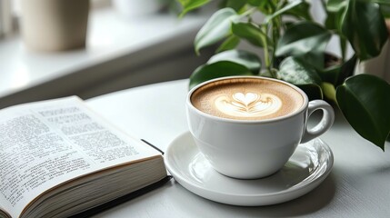 Sticker - A cup of latte art coffee with a book on a table.