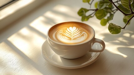 Sticker - A cup of latte art coffee with a plant branch and sunlight in the background.