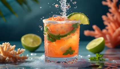 Wall Mural - Refreshing mojito cocktail adorned with coral accents, glistening droplets of water enhancing its tropical allure