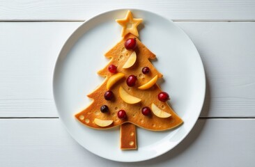 A Christmas tree of pancakes lies on a white plate.