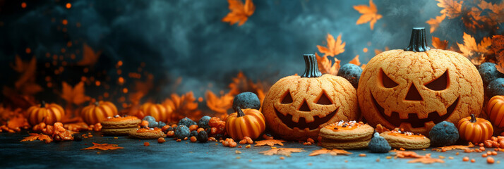 Poster - Spooky jack-o'-lanterns with fall leaves.