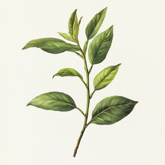 Canvas Print - A detailed illustration of a green tea plant branch with leaves.