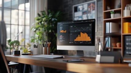 Poster - Workplace 3d render. Business and finance analytics theme.