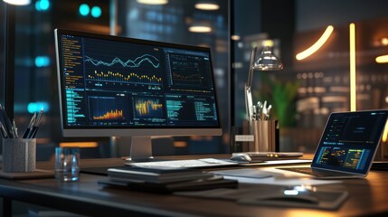 Poster - Workplace 3d render. Business and finance analytics theme.