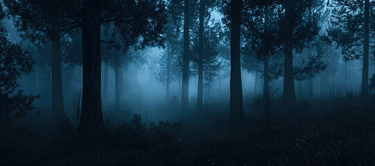 Poster - A forest at night with trees and fog