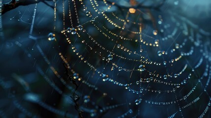 A detailed macro shot of a dew-covered spider web, with droplets glistening in the light