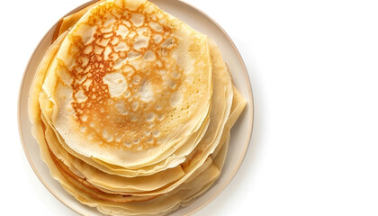 Stack of delicious crepes on plate against white background, top view