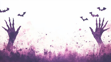 Poster - Spooky Halloween background with purple silhouettes of hands and bats.