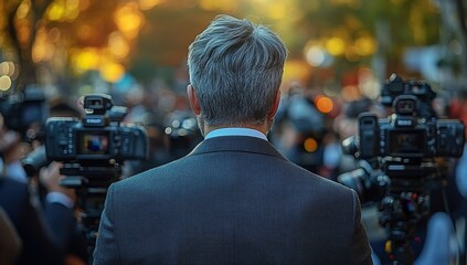 TV news broadcast with cameras facing a speaker from behind