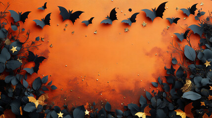 Poster - Black bats and leaves frame an orange background, perfect for spooky Halloween designs.