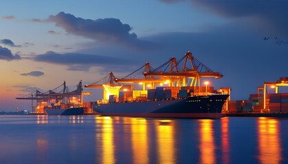 Wall Mural - Evening Harbor Scene with Cargo Boat and Beautiful Atmospheric Lighting