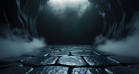 Poster - A dark cave with a foggy mist and a light shining through the entrance
