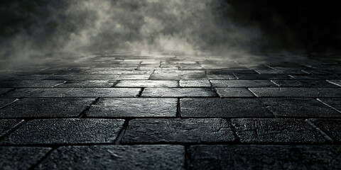 Poster - A black and white photo of a brick sidewalk with a foggy mist in the background
