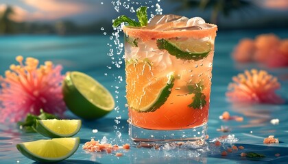 Wall Mural - Refreshing mojito cocktail adorned with coral accents, glistening droplets of water enhancing its tropical allure