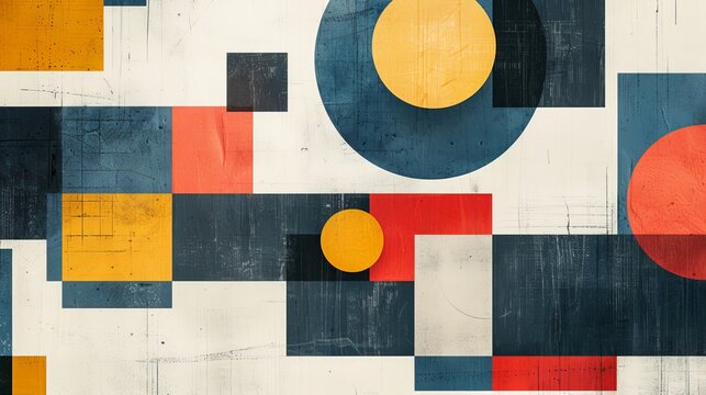 A clean and minimalistic geometric design with Scandinavian colors, using abstract shapes like rectangles and circles