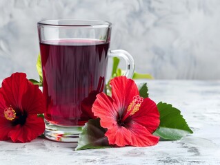 A clear glass of hibiscus tea with a hibiscus flower on a white background