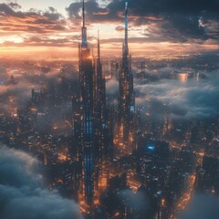 Canvas Print - A futuristic city with tall buildings emerges from the clouds at sunset.