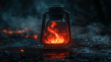 Sticker - A fiery lantern glows in the dark, casting a warm light.