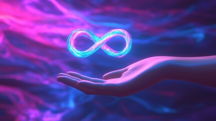 The hand holding the infinity sign of a digital innovation vr game or internet simulation media cyber and world communication on a background of connection technology.