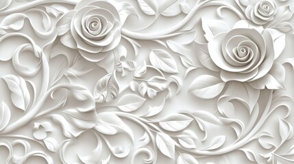 On a smooth background, a white floral relief art features roses and intricate detailing