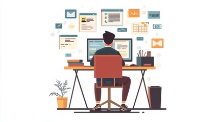 Sticker - man is sitting at his desk in front of the computer, creating an online profile with vector illustrations on a white background business social media banner digital marketing logo