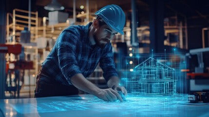 Poster - Medium shot of an electrician planning a residential wiring project with a holographic blueprint floating beside them