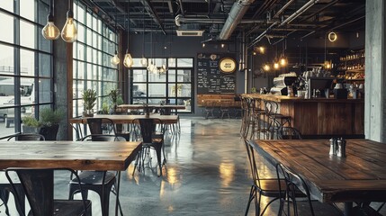 Wall Mural - A trendy industrial caf?(C) interior with distressed wood tables, iron frame chairs, and pendant lighting over a polished concrete floor