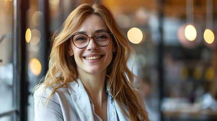 Wall Mural - A smiling woman with glasses, sitting in a café, exuding warmth and friendliness.