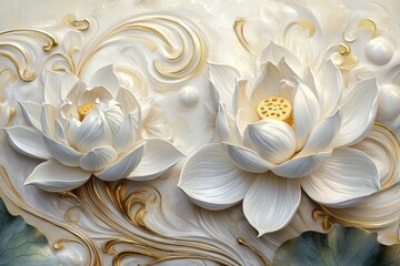 Wall Mural - The walls of a bedroom are decorated with lotus sculptures made of stucco.