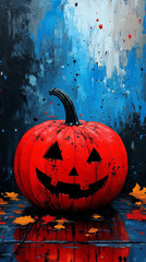 Canvas Print - A carved pumpkin with a dripping black paint face sits against a blue and grey background.