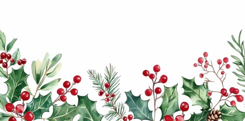 Wall Mural - Christmas holiday decoration, holly leaves and red berries, pinecone accents on a white background, festive botanical elements for seasonal designs and greeting cards