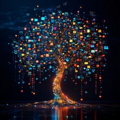 A glowing tree with colorful icons cascading down its branches against a dark blue background.